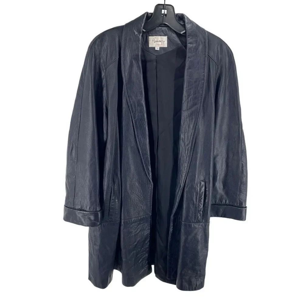 Romano Women’s Shawl Collar Open Front Leather Trench Coat Navy Blue Small